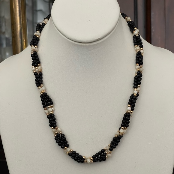 Vintage Jewelry - Black onyx mother of pearl gold tone bead 3-strand necklace